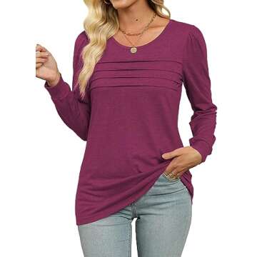Womens Tops Dressy Casual Long Sleeve Tee Shirts Crew Neck Loose Fitting Tunic Red