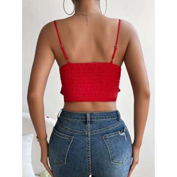 SHENHE Women's Bow Front Sleeveless Spaghetti Strap Shirred Cami Tank Crop Tops Red M