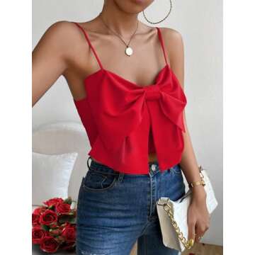 SHENHE Women's Bow Front Sleeveless Spaghetti Strap Shirred Cami Tank Crop Tops Red M