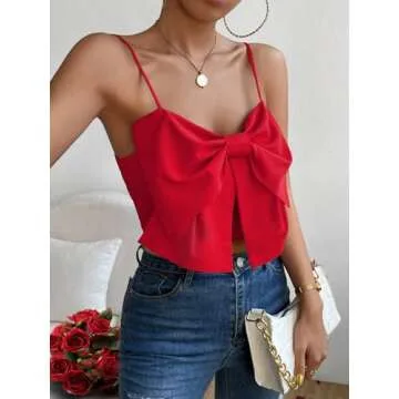 SHENHE Women's Bow Front Sleeveless Spaghetti Strap Shirred Cami Tank Crop Tops Red M
