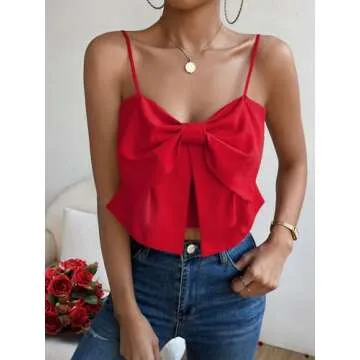 SHENHE Women's Bow Front Sleeveless Spaghetti Strap Shirred Cami Tank Crop Tops Red M