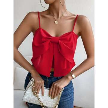 SHENHE Women's Bow Front Sleeveless Spaghetti Strap Shirred Cami Tank Crop Tops Red M