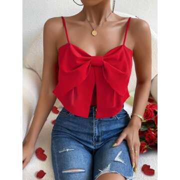 SHENHE Women's Bow Front Sleeveless Spaghetti Strap Shirred Cami Tank Crop Tops Red M