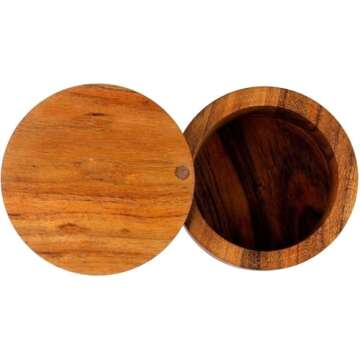Kaizen Casa Acacia Wood Salt or Spice Box with Swivel Cover perfect for keeping table salt, gourmet salts, herbs or favorite seasonings, close at hand on your countertop.