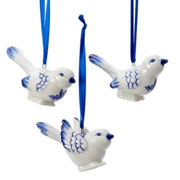 Kurt Adler J7706 Porcelain Delft Blue Bird Ornaments,Blue,White, (Set Of 3)
