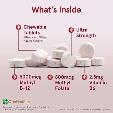 Jarrow Formulas Ultra Strength Methyl B-12 5000 mcg & Methyl Folate 800 mcg + P-5-P, Dietary Supplement for Cellular Energy Metabolism and Cardiovascular Support, 60 Chewable Tablets, 60 Day Supply