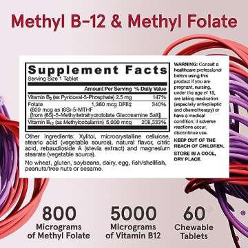 Jarrow Formulas Ultra Strength Methyl B-12 5000 mcg & Methyl Folate 800 mcg + P-5-P, Dietary Supplement for Cellular Energy Metabolism and Cardiovascular Support, 60 Chewable Tablets, 60 Day Supply