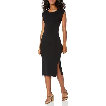 The Drop Women's Laila Power Shoulder Twist Back Side Slit Midi Sweater Dress, Black, XXS