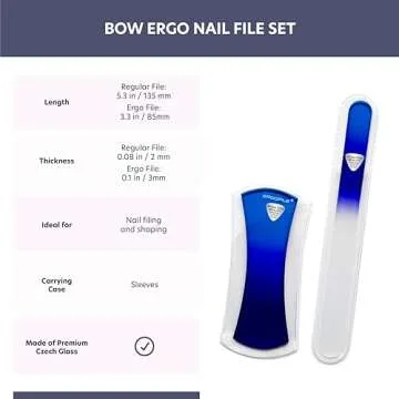 BONA FIDE BEAUTY Glass Nail File Manicure Set, 2-Pieces Blue Ergonomic Comfort Grip Bow Ergofile for Gentle & Efficient Filing, Nail Care Tools Genuine Czech Glass