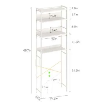 Rolanstar Over The Toilet Storage 4-Tier, Freestanding Bathroom Organizer, Sturdy Behind Toilet Rack with Hooks, Space-Saving Design, Fits Most Toilets, White