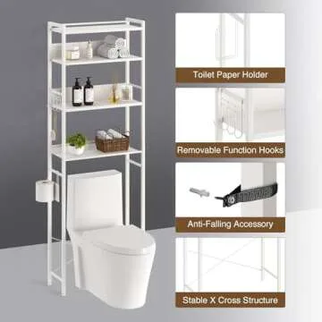 Rolanstar Over The Toilet Storage 4-Tier, Freestanding Bathroom Organizer, Sturdy Behind Toilet Rack with Hooks, Space-Saving Design, Fits Most Toilets, White
