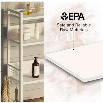 Rolanstar Over The Toilet Storage 4-Tier, Freestanding Bathroom Organizer, Sturdy Behind Toilet Rack with Hooks, Space-Saving Design, Fits Most Toilets, White