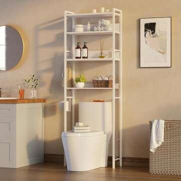 Rolanstar Over The Toilet Storage 4-Tier, Freestanding Bathroom Organizer, Sturdy Behind Toilet Rack with Hooks, Space-Saving Design, Fits Most Toilets, White