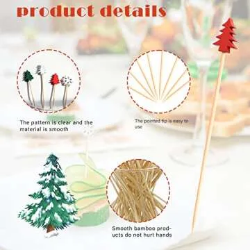 100pcs Xmas Tree Snowflake Cocktail Picks 4.7" Long Food Toothpicks Fruit Sticks Sandwich Appetizer Charcuterie Skewers, Made of Bamboo Wood, for Winter Snow Christmas Decoration Party Supplies