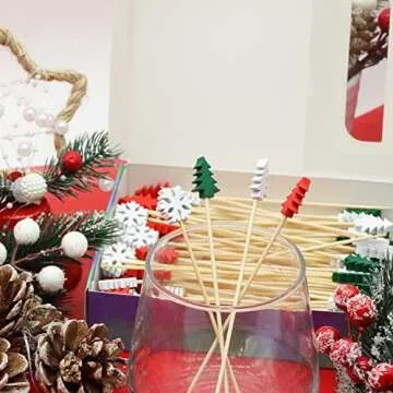100pcs Xmas Tree Snowflake Cocktail Picks 4.7" Long Food Toothpicks Fruit Sticks Sandwich Appetizer Charcuterie Skewers, Made of Bamboo Wood, for Winter Snow Christmas Decoration Party Supplies