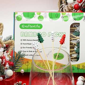 100pcs Xmas Tree Snowflake Cocktail Picks 4.7" Long Food Toothpicks Fruit Sticks Sandwich Appetizer Charcuterie Skewers, Made of Bamboo Wood, for Winter Snow Christmas Decoration Party Supplies