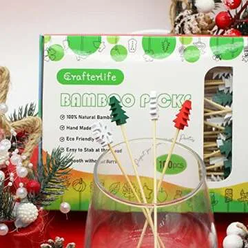 100pcs Xmas Tree Snowflake Cocktail Picks 4.7" Long Food Toothpicks Fruit Sticks Sandwich Appetizer Charcuterie Skewers, Made of Bamboo Wood, for Winter Snow Christmas Decoration Party Supplies