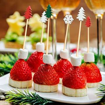 100pcs Xmas Tree Snowflake Cocktail Picks 4.7" Long Food Toothpicks Fruit Sticks Sandwich Appetizer Charcuterie Skewers, Made of Bamboo Wood, for Winter Snow Christmas Decoration Party Supplies