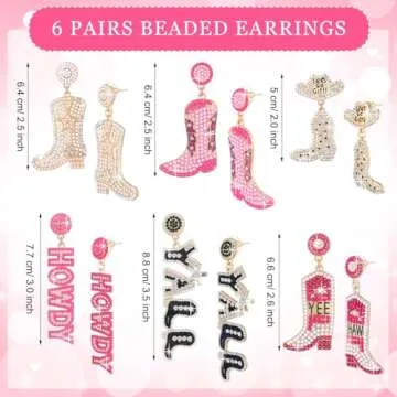 Junkin 6 Pairs Beaded Cowboy Earrings for Women Rhinestone Beads Boot Hat Drop Dangle Earrings Western Earrings(Chic)