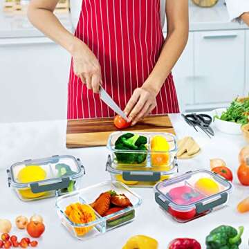 M MCIRCO [5-Pack,30 Oz Glass Meal Prep Containers 2 Compartments Portion Control with Snap Locking Lids Glass Food Storage Containers, Microwave, Oven, Freezer and Dishwasher