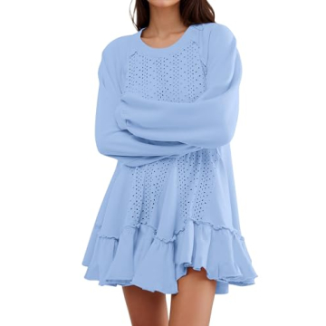 DURUNUL Women Oversized Sweatshirt Dress Hollow Out Patchwork Ruffle Hem Pullover Short Dresses Ragl...