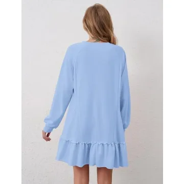 DURUNUL Women Oversized Sweatshirt Dress Hollow Out Patchwork Ruffle Hem Pullover Short Dresses Raglan Sleeve Flowy Dress Blue