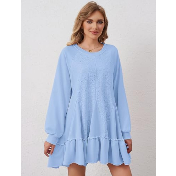 DURUNUL Women Oversized Sweatshirt Dress Hollow Out Patchwork Ruffle Hem Pullover Short Dresses Raglan Sleeve Flowy Dress Blue