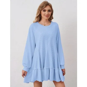 DURUNUL Women Oversized Sweatshirt Dress Hollow Out Patchwork Ruffle Hem Pullover Short Dresses Raglan Sleeve Flowy Dress Blue