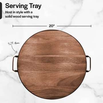 Thirteen Chefs Wine Barrel Inspired Serving Tray and Charcuterie Board with Handles, 20" Round Wood Platter, Farmhouse Style