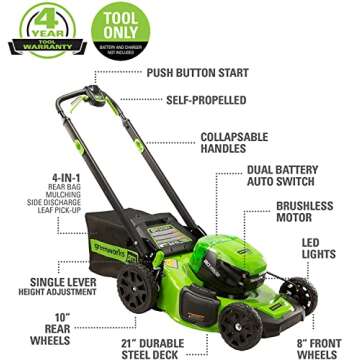 Greenworks 80V 21" Brushless Cordless (Self-Propelled) Lawn Mower (Dual Ports + Light), Battery and ...