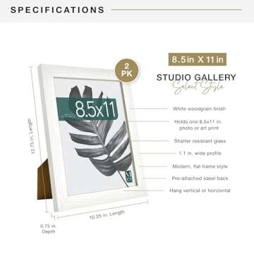 MCS Studio Gallery 8.5x11 Picture Frame White Woodgrain, Rectangle Photo Frame for Photos, Posters & Art Prints & Easel for Tapletop Display (2-Pack)