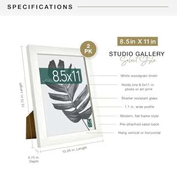 MCS Studio Gallery 8.5x11 Picture Frame White Woodgrain, Rectangle Photo Frame for Photos, Posters & Art Prints & Easel for Tapletop Display (2-Pack)