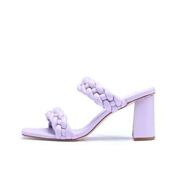 GENSHUO Women Squere Open Toe Heels Braided Two Strap Low Block Chunky Heeled Sandals Purple-Size 8