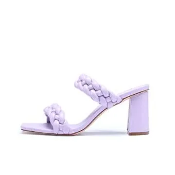 GENSHUO Women Squere Open Toe Heels Braided Two Strap Low Block Chunky Heeled Sandals Purple-Size 8
