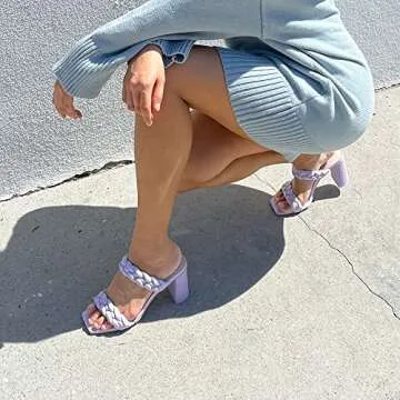 GENSHUO Women Squere Open Toe Heels Braided Two Strap Low Block Chunky Heeled Sandals Purple-Size 8