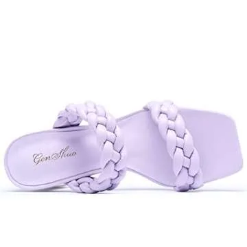 GENSHUO Women Squere Open Toe Heels Braided Two Strap Low Block Chunky Heeled Sandals Purple-Size 8