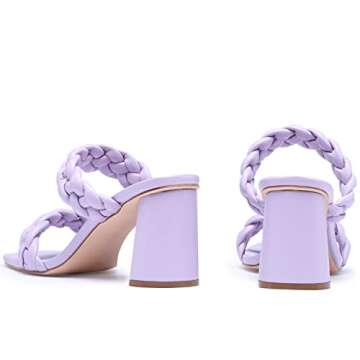 GENSHUO Women Squere Open Toe Heels Braided Two Strap Low Block Chunky Heeled Sandals Purple-Size 8