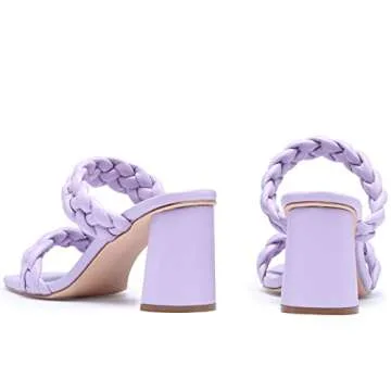 GENSHUO Women Squere Open Toe Heels Braided Two Strap Low Block Chunky Heeled Sandals Purple-Size 8