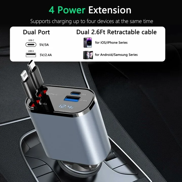 Fast USB C Retractable Car Charger - 100W Power