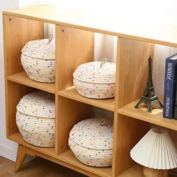 Sea Team Round Cotton Rope Storage Basket with Lid, Colorful Rainbow Pompom Woven Storage Bin, Pot, ...