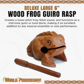 Deluxe Large 6" Wood Frog Guiro Rasp - Musical Instrument Tone Block - Wooden Frog with Stick, Noise Maker by World Percussion USA