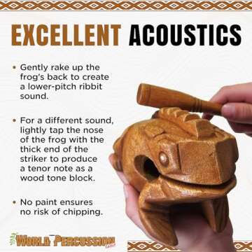 Deluxe Large 6" Wood Frog Guiro Rasp - Musical Instrument Tone Block - Wooden Frog with Stick, Noise Maker by World Percussion USA