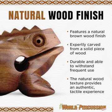 Deluxe Large 6" Wood Frog Guiro Rasp - Musical Instrument Tone Block - Wooden Frog with Stick, Noise Maker by World Percussion USA