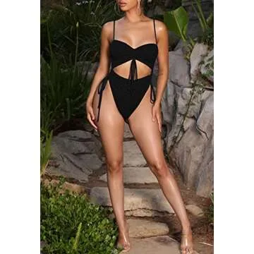 Viottiset Women's Cut Out Drawstring One Piece Swimsuit Cheeky High Cut Bathing Suit Black X-Large