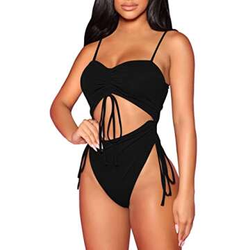 Viottiset Women's Cut Out Drawstring One Piece Swimsuit Cheeky High Cut Bathing Suit Black X-Large