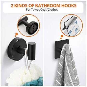 Tudoccy 5-Pieces Matte Black Bathroom Hardware Set SUS304 Stainless Steel Round Wall Mounted - Includes 16" Hand Towel Bar, Toilet Paper Holder, 3 Robe Towel Hooks,Bathroom Accessories Kit