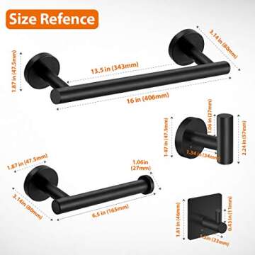 Tudoccy 5-Pieces Matte Black Bathroom Hardware Set SUS304 Stainless Steel Round Wall Mounted - Includes 16" Hand Towel Bar, Toilet Paper Holder, 3 Robe Towel Hooks,Bathroom Accessories Kit