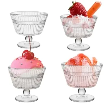 CHPINDAM Vintage Glass Dessert Bowls Set of 4 - 9 oz Sundae Cups for Ice Cream and Snacks