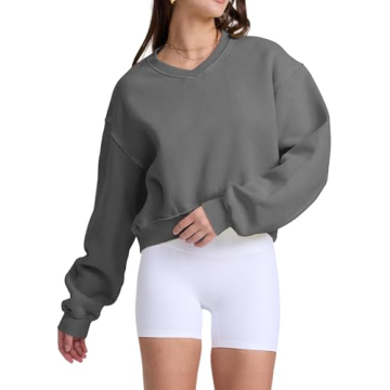 Hatant Sweatshirt Women Acid Wash V-neck Crop Pullover