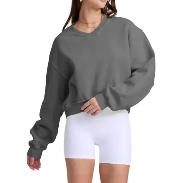 Hatant Sweatshirt Women Acid Wash V-neck Crop Pullover